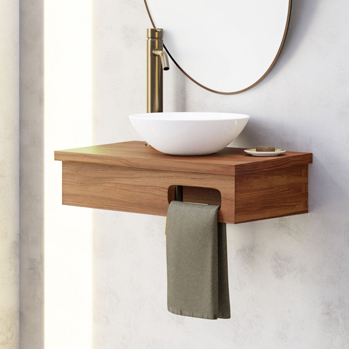 30 Thanesta Teak Wall-Mount Double Vessel Sink Vanity with Shelf - Da