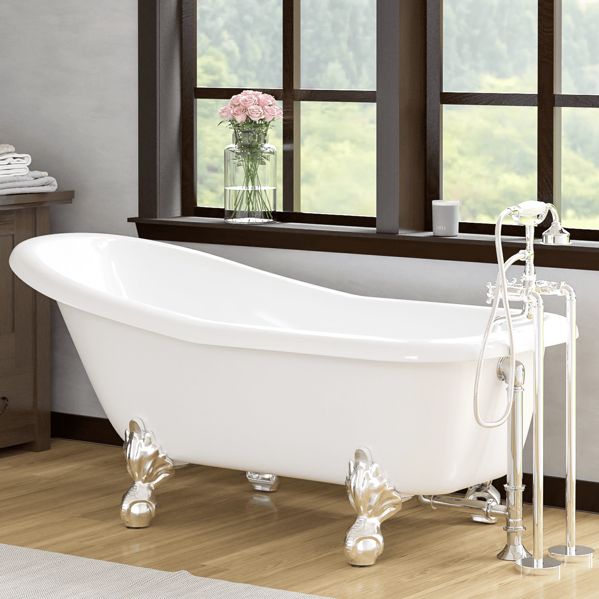 69 Merlin Acrylic Double Slipper Clawfoot Tub - Black Exterior with  Brushed Brass Feet & Pop-Up Drain